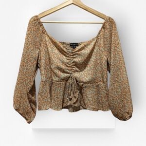 Ever After Cropped Top Cinched Smocked Balloon Sleeve Floral Blouse Large